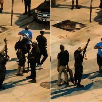 Surveillance images allegedly showing John Johnson (Grandmaster Jay) pointing rifle at officers.
